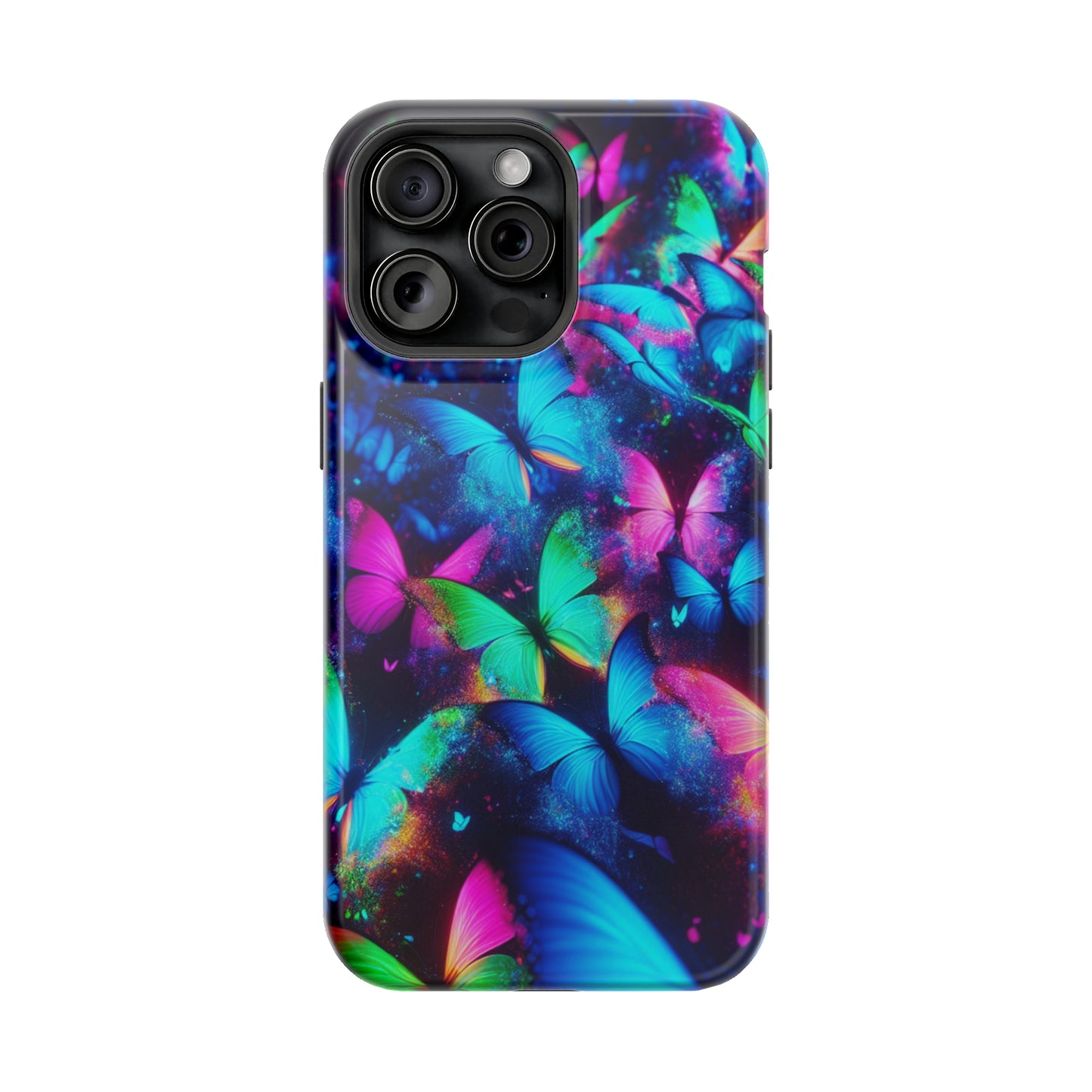 "Neon Flutterglow" Neon Butterflies Premium Art Magsafe Magnet Tough IPhone 13 14 15 Pro Plus Max and Mini in Matte and Glossy Phone cases