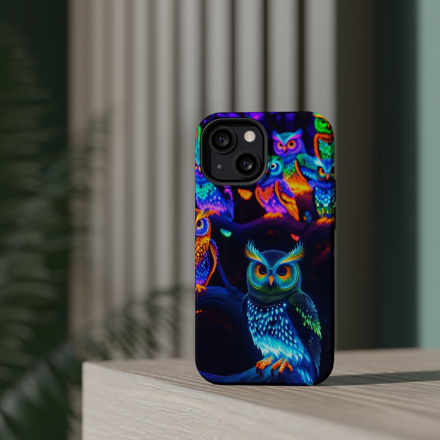 Glowing Neon Clan. Neon Owls Premium Art Magsafe Magnet Tough IPhone 13 14 15 Pro Plus Max and Mini in Matte and Glossy Phone cases