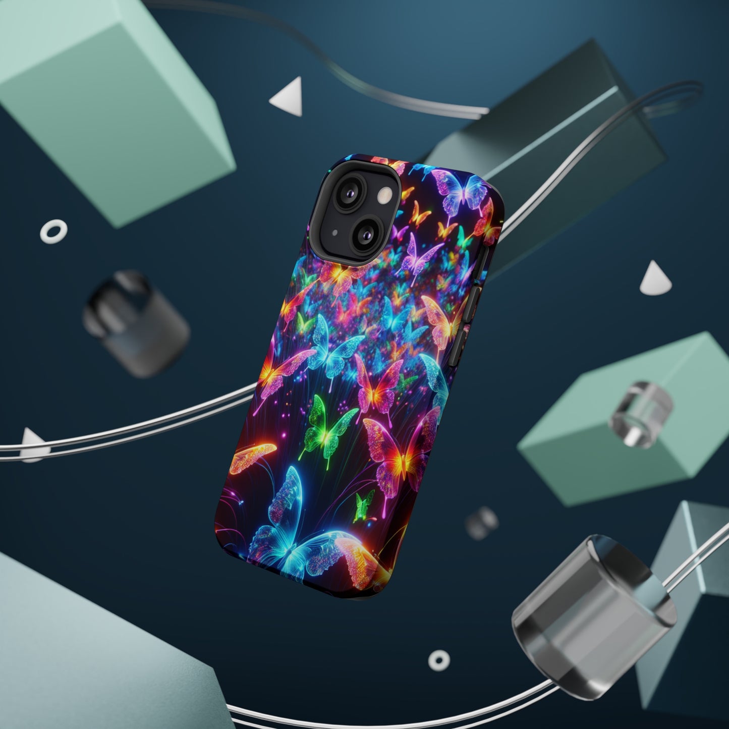 "Neon Flutterburst" Neon Butterflies Premium Art Magsafe Magnet Tough IPhone 13 14 15 Pro Plus Max and Mini in Matte and Glossy Phone cases