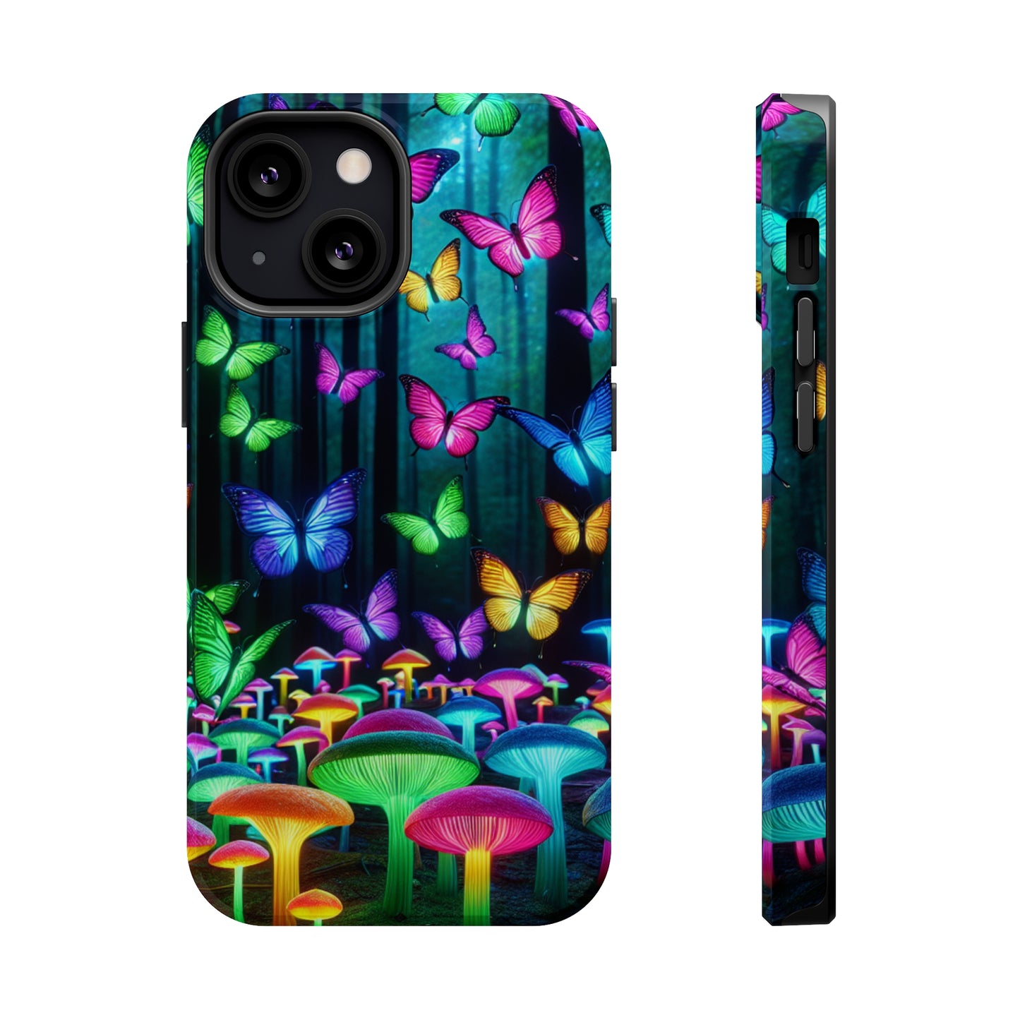 "Vivid Neon Splendor" Neon Butterflies and Mushrooms Premium Art Magsafe Magnet Tough IPhone 13 14 15 Pro Plus Max and Mini in Matte and Glossy Phone cases