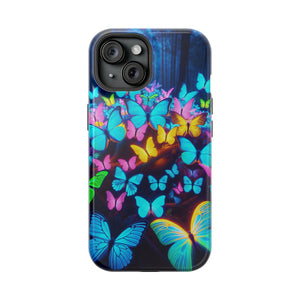 "Scintillating Swirls of Neon Butterflies" Neon Butterflies Premium Art Magsafe Magnet Tough IPhone 13 14 15 Pro Plus Max and Mini in Matte and Glossy Phone cases