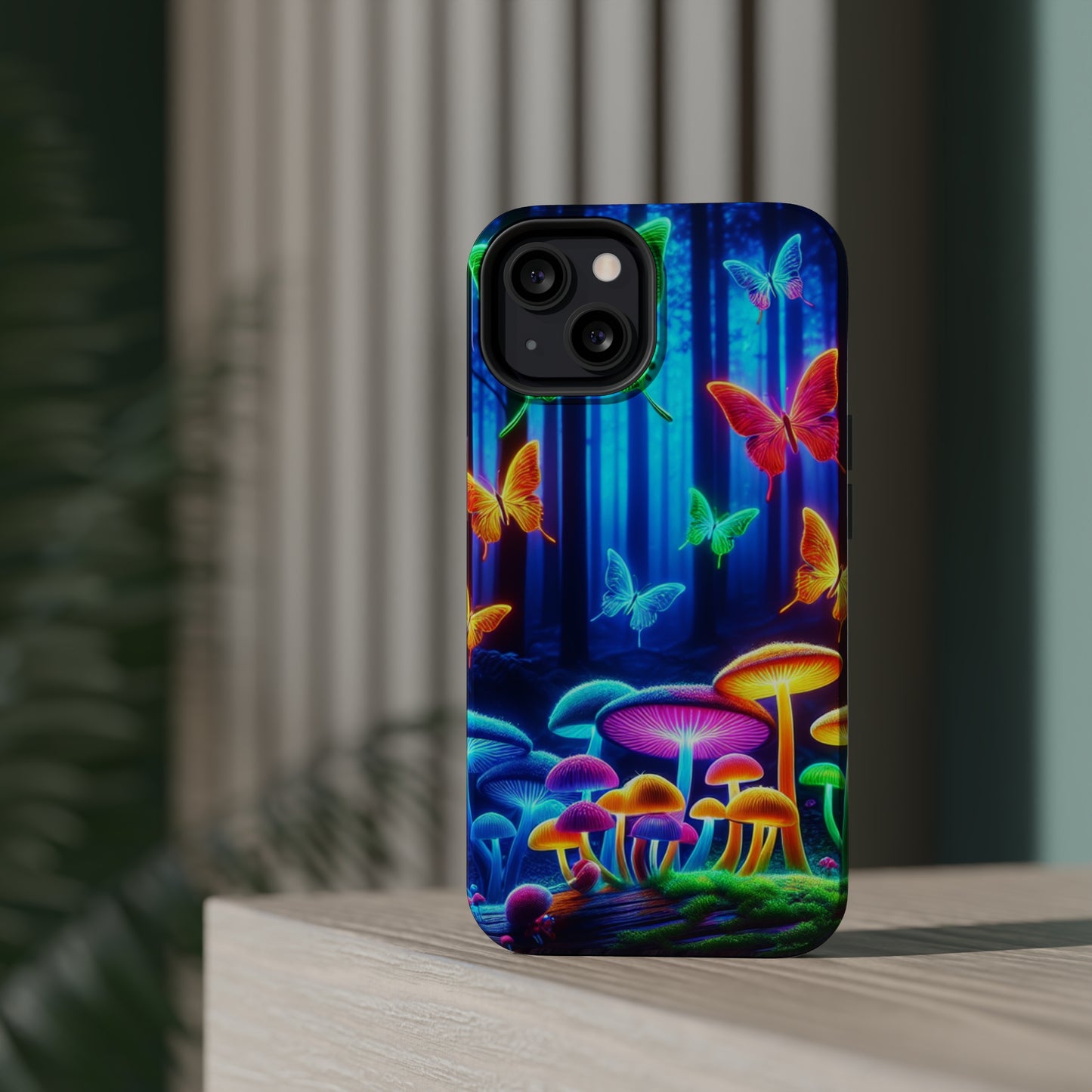 "Neon Garden Delight" Neon Butterflies and Mushrooms Premium Art Magsafe Magnet Tough IPhone 13 14 15 Pro Plus Max and Mini in Matte and Glossy Phone cases
