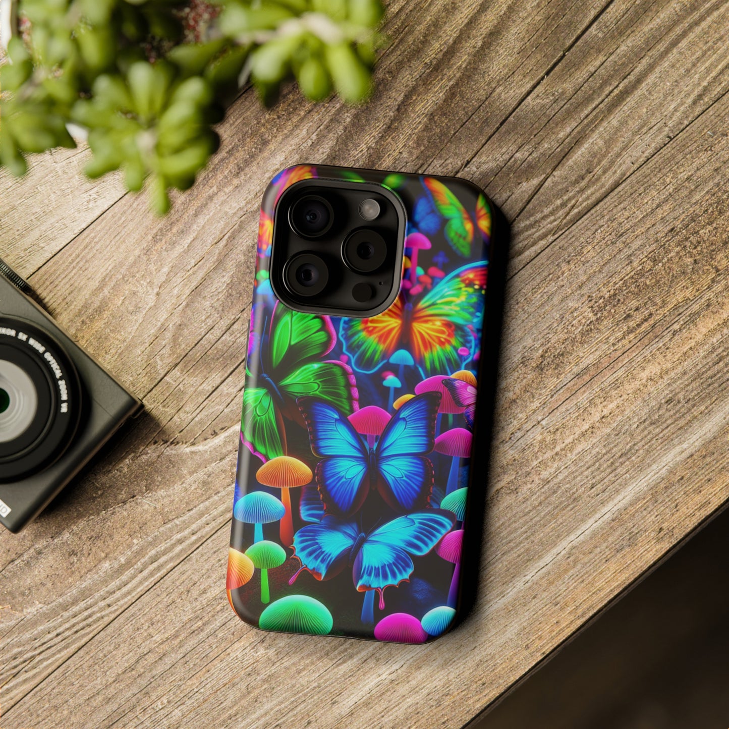 "Fantastic Fruition" Neon Butterflies and Mushrooms Premium Art Magsafe Magnet Tough IPhone 13 14 15 Pro Plus Max and Mini in Matte and Glossy Phone cases