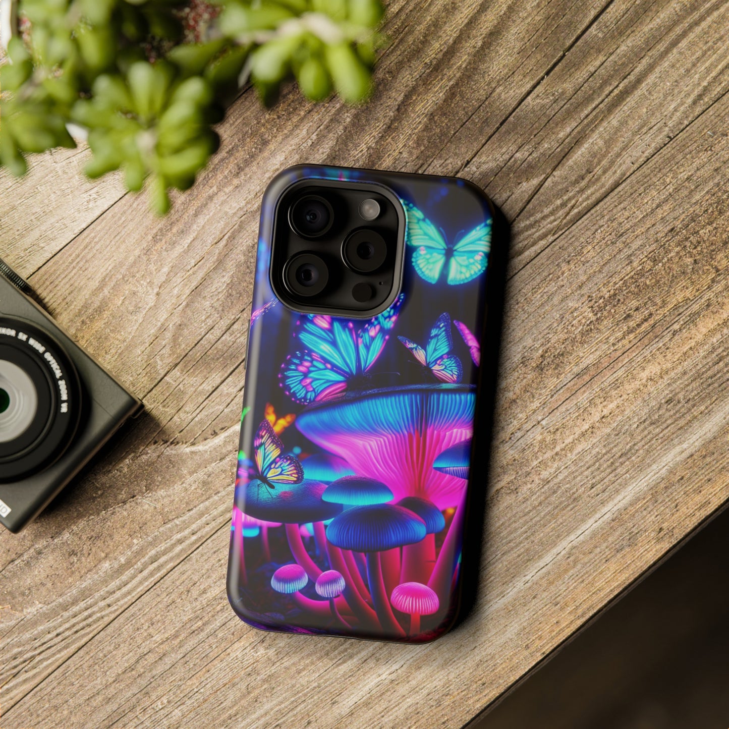 Neon Fantasy Garden Neon Butterflies and Mushrooms Premium Art Magsafe Magnet Tough IPhone 13 14 15 Pro Plus Max and Mini in Matte and Glossy Phone cases