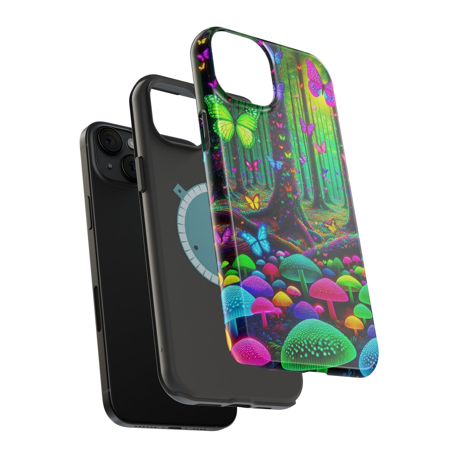 "Neon Garden Symphony". Neon Butterflies and Mushrooms Premium Art Magsafe Magnet Tough IPhone 13 14 15 Pro Plus Max and Mini in Matte and Glossy Phone cases