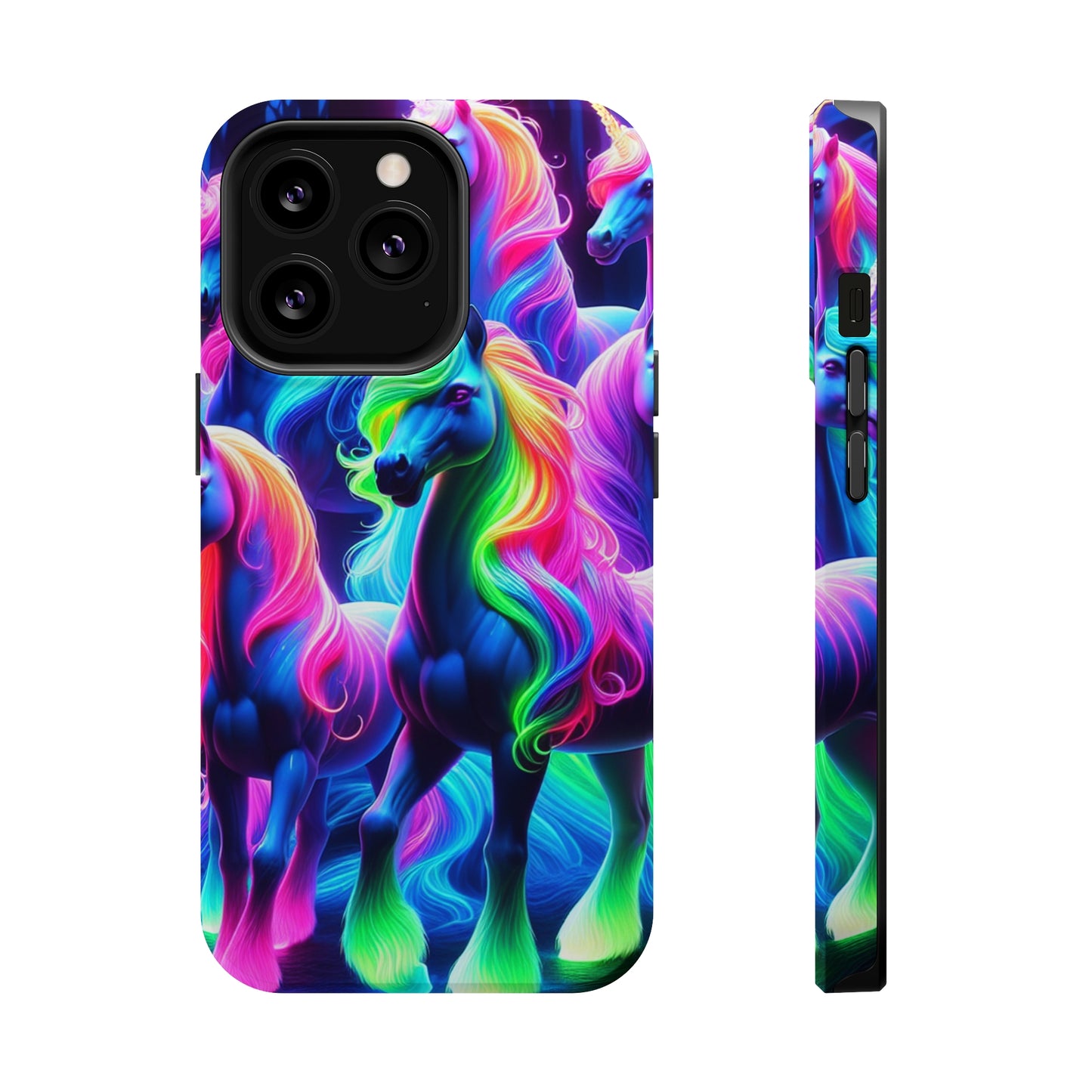 Neon Magic Skies - Unicorn Gang. Neon Unicorns Premium Art Magsafe Magnet Tough IPhone 13 14 15 Pro Plus Max and Mini in Matte and Glossy Phone cases
