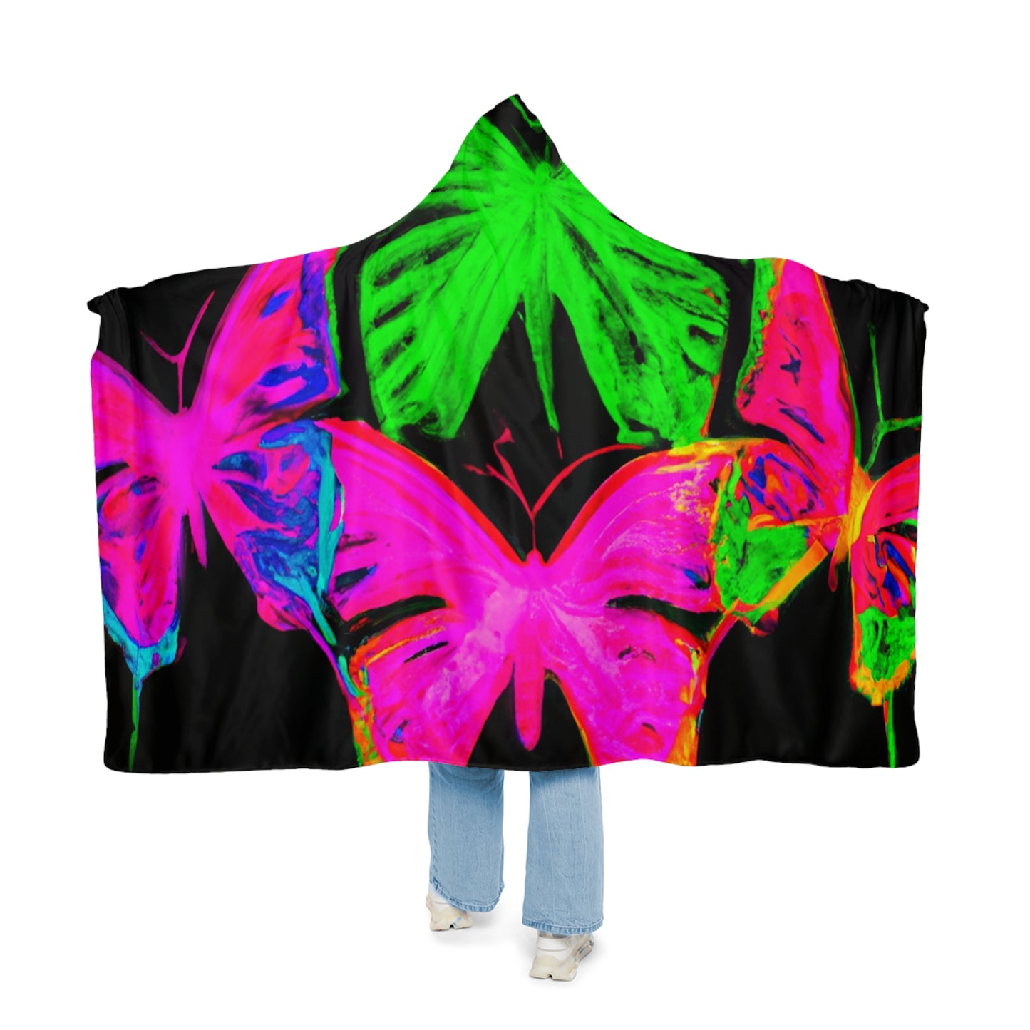 "Butterfly Illuminations" - NEON Butterflies Art Hooded Snuggle Blanket