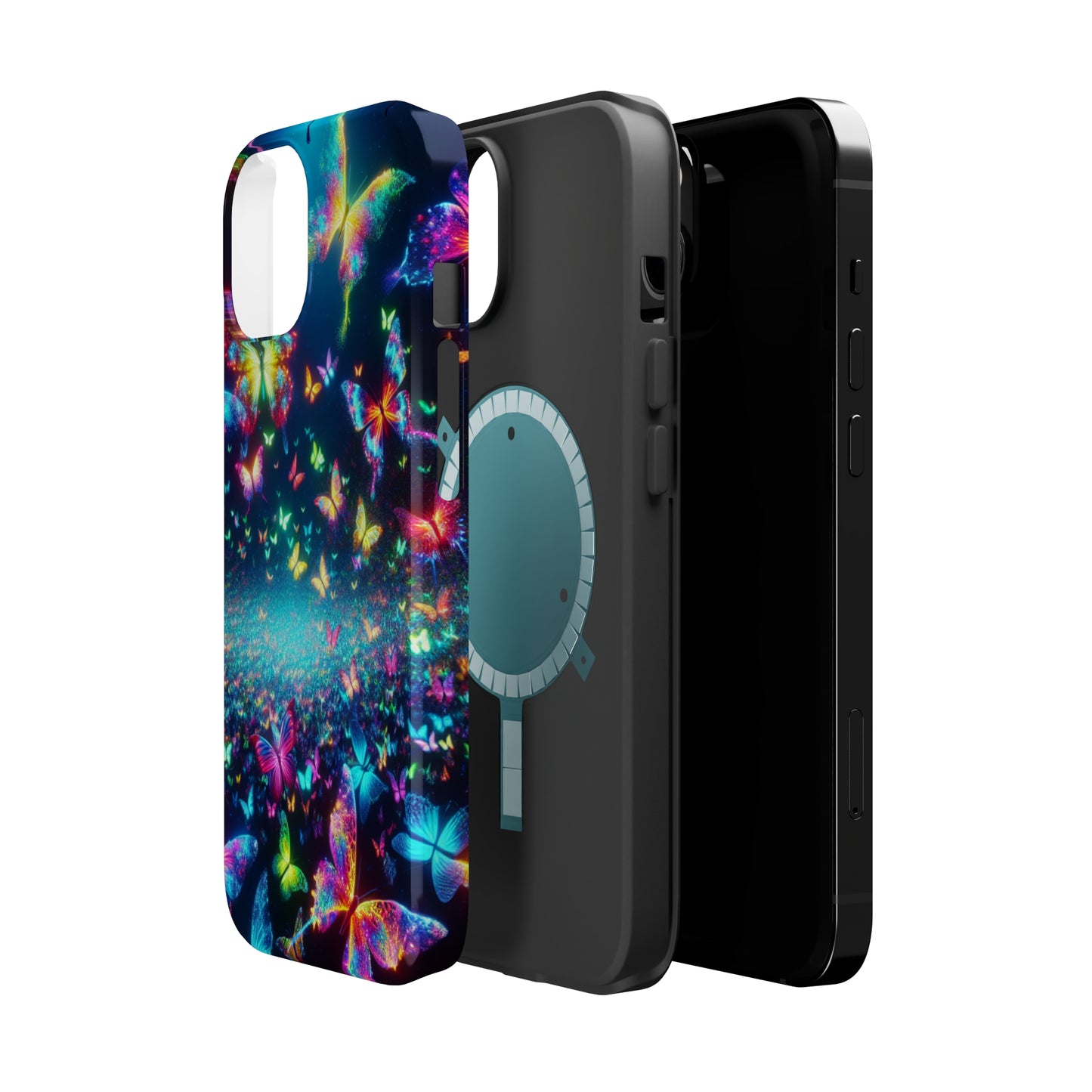 'Neon Butterfly Bliss' Neon Butterflies Premium Art Magsafe Magnet Tough IPhone 13 14 15 Pro Plus Max and Mini in Matte and Glossy Phone cases