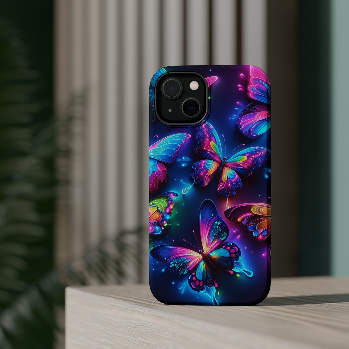 "Neon Butterfly Muster" Neon Butterflies Premium Art Magsafe Magnet Tough IPhone 13 14 15 Pro Plus Max and Mini in Matte and Glossy Phone cases