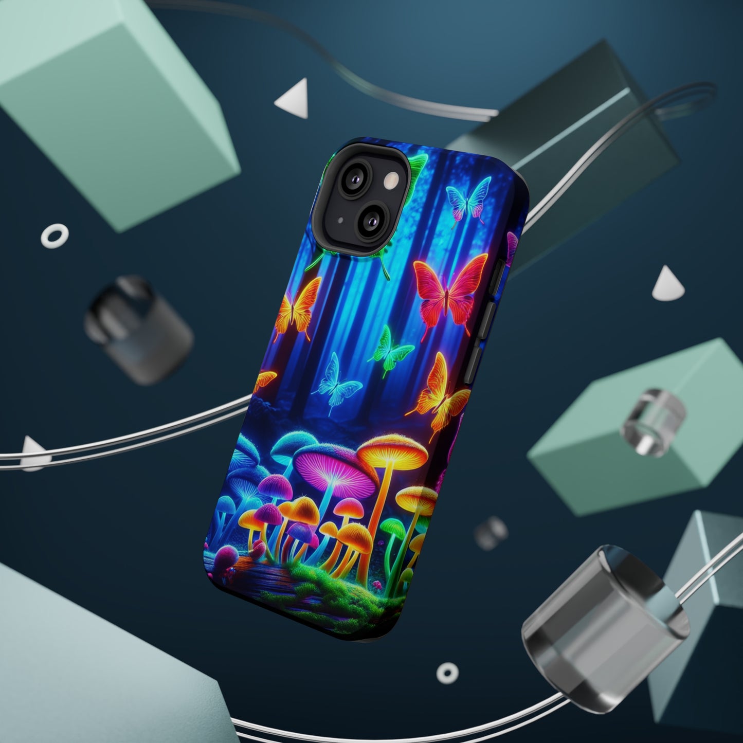 "Neon Garden Delight" Neon Butterflies and Mushrooms Premium Art Magsafe Magnet Tough IPhone 13 14 15 Pro Plus Max and Mini in Matte and Glossy Phone cases
