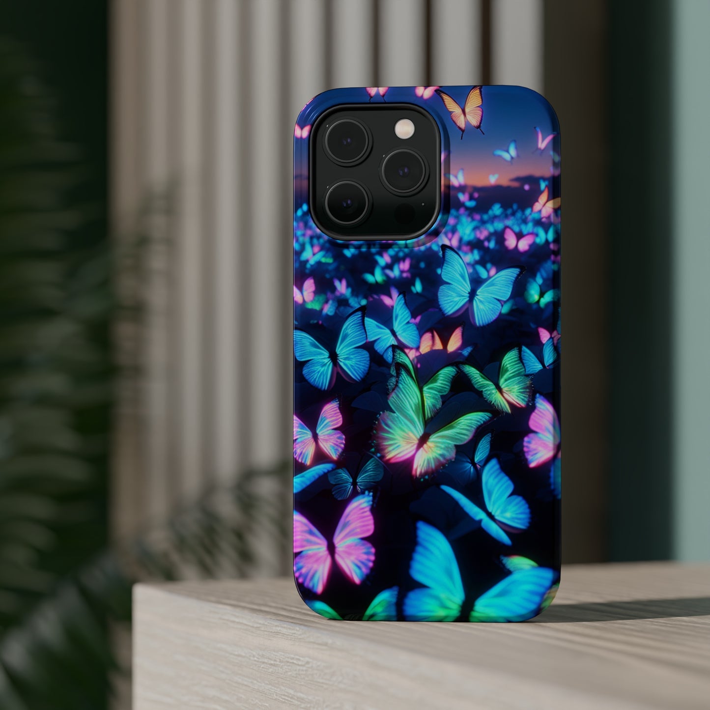 "Fantasia of Neon Butterflies" Neon Butterflies Premium Art Magsafe Magnet Tough IPhone 13 14 15 Pro Plus Max and Mini in Matte and Glossy Phone cases