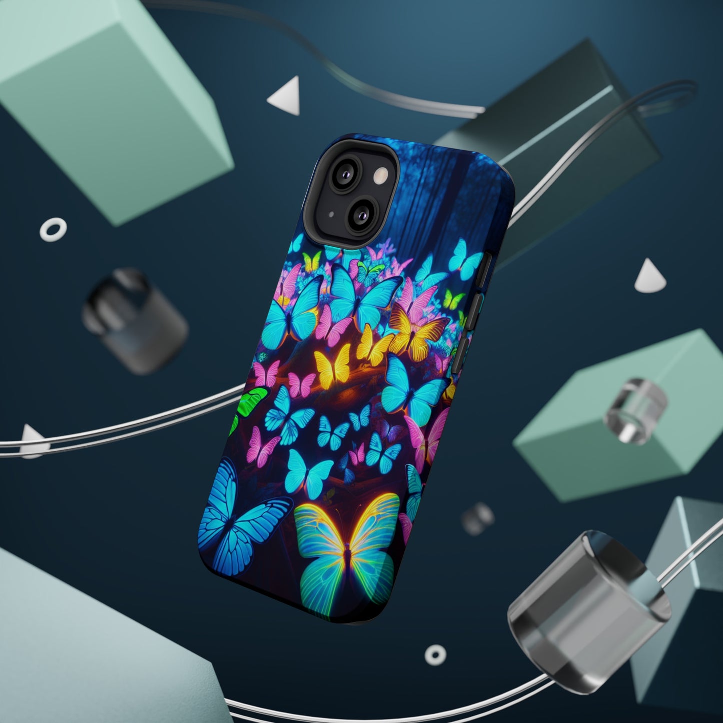 "Scintillating Swirls of Neon Butterflies" Neon Butterflies Premium Art Magsafe Magnet Tough IPhone 13 14 15 Pro Plus Max and Mini in Matte and Glossy Phone cases